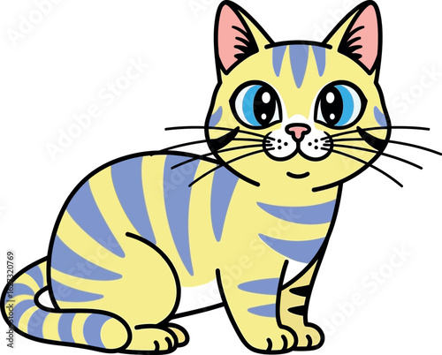 Adorable cartoon tabby kitten with bright blue eyes and light purple stripes sits patiently