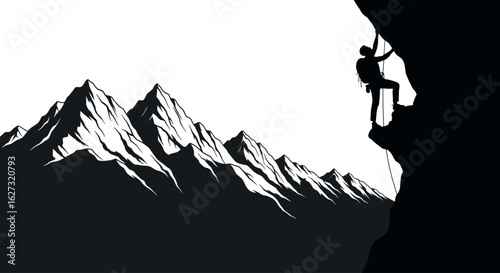 dramatic silhouette of a climber ascending a sheer rock face against a majestic mountain range, isolated on transparent background.