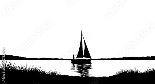 serene lakeside silhouette: a small sailboat at anchor, isolated on a transparent background, with gently swaying reeds in the foreground