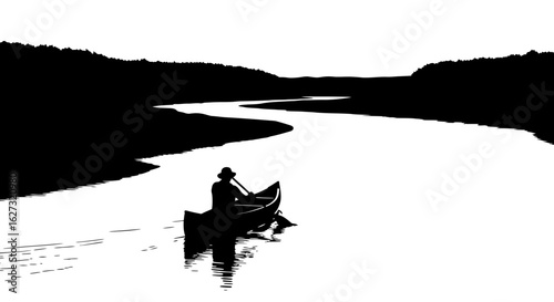 serene solo canoe journey: a high angle view of a person paddling down a tranquil river, isolated on a transparent background.