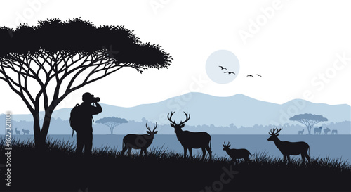 serene safari scene: silhouetted photographer observing majestic deer herd at sunset, isolated on a transparent background