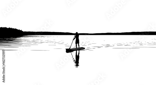 serene silhouette of a paddleboarder on a calm lake at sunset, isolated on a transparent background: a peaceful vector illustration perfect for travel and wellness designs