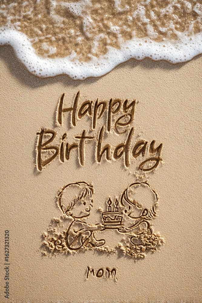 Fototapeta premium Happy Birthday Mom Carved in Smooth Sand with One-Line Mother and Child Sharing Cake Illustration – Vertical Format for Greeting Use