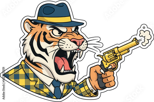 Fierce tiger character wearing a fedora and plaid suit holding a smoking revolver