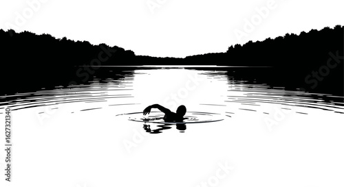 serene silhouette of a swimmer in a tranquil lake at dawn, isolated on a transparent background: a captivating vector illustration