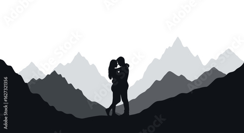 silhouette of a couple embracing amidst a majestic mountain range at dawn, isolated on a transparent background – romantic vector illustration