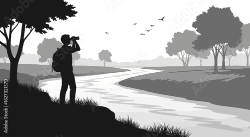 a serene silhouette: hiker with backpack using binoculars by a tranquil river, isolated on a transparent background
