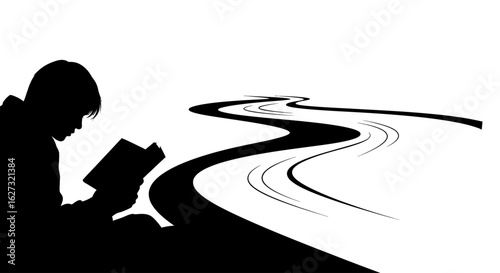 serene silhouette of a person reading a book beside a gently winding river, isolated on a transparent background – perfect for relaxation and tranquility themes