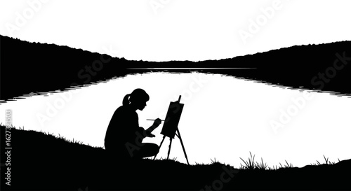 serene lakeside painting: silhouette of an artist at work, captured in a breathtaking landscape, isolated on a transparent background