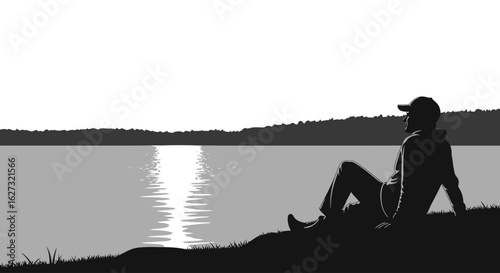 serene lakeside silhouette: a man contemplating at sunset, isolated on a transparent background – vector illustration