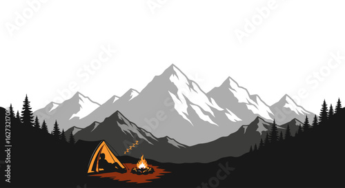 serene mountain camping scene: a camper resting by a cozy campfire with majestic peaks and a tranquil forest, isolated on a transparent background
