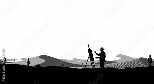 panoramic silhouette of an artist painting a desert landscape at dawn, isolated on a transparent background: a serene and minimalist vector illustration.