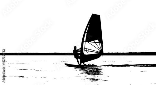 silhouetted windsurfer gliding across calm waters at sunset: a panoramic view of lakeside recreation and extreme sports