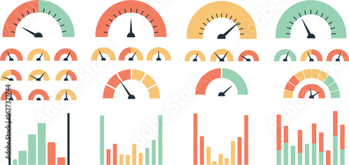 Collection of colorful gauge meters and bar charts representing performance and data analysis
