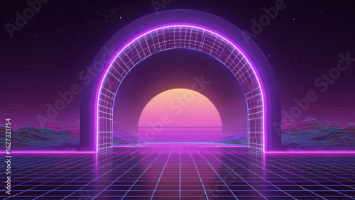 Retro futuristic background with glowing grid and neon sun horizon in synthwave style