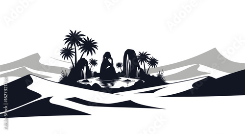 serene oasis in the desert: silhouette illustration of palm trees, a tranquil pond, and figures resting, isolated on a transparent background, perfect for design projects