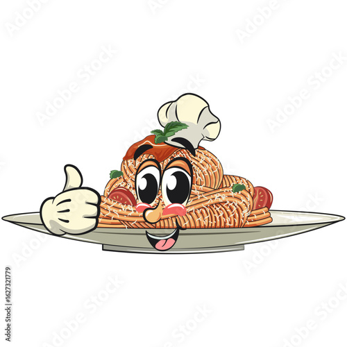 cute spaghetti mascot cartoon wearing a chef's hat while giving a thumbs up sign, funny pasta character vector on plate with tomato sauce and cheese, work of hand drawn
