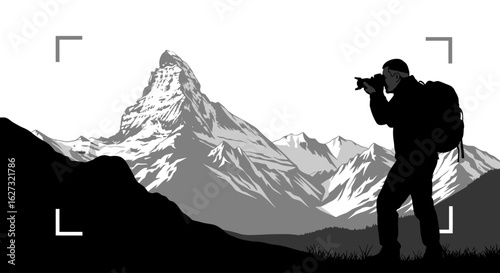 a photographer captures the majestic matterhorn: a dramatic black and white silhouette illustration isolated on a transparent background