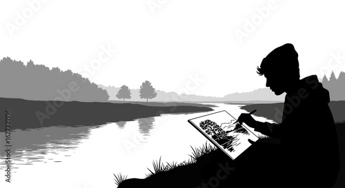 serene lakeside scene: silhouette of an artist painting a tranquil river landscape, isolated on transparent background