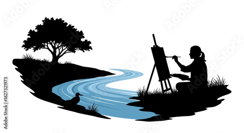serene lakeside painting: a silhouette illustration of an artist at work by a tranquil river, underneath a majestic oak tree, isolated on a transparent background.