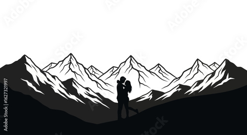 romantic couple silhouetted against a majestic mountain range   panoramic view isolated on a transparent background
