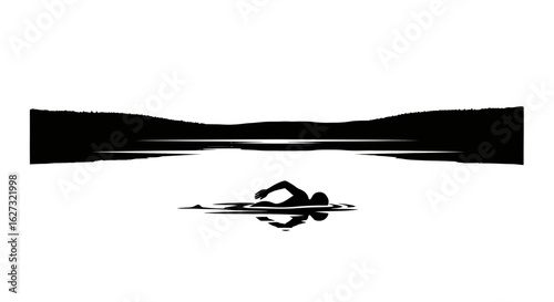 serene silhouette of a swimmer at sunset, isolated on a transparent background: a minimalist vector illustration of tranquility and outdoor recreation