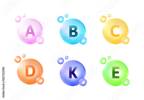 Multi vitamin molecular icon set for health care supplement, medical pharmacy nutritional. 3D liquid sphere medicine including vitamin C, A, D, E, K bubble for science treatment anti-aging pathology.