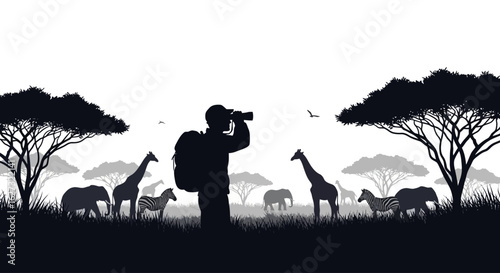 silhouette of a traveler with backpack observing african wildlife – giraffes, zebras, and elephants on the savannah, isolated on transparent background