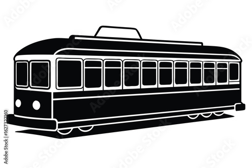 Silhouette of Vintage Black and White Trolley Car with Numerous Windows and Curved Rails