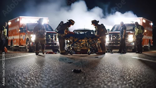 Emergency Responders Attending Car Crash Scene With Ambulances At Night On Dark Road With Smoke And Bright Lights