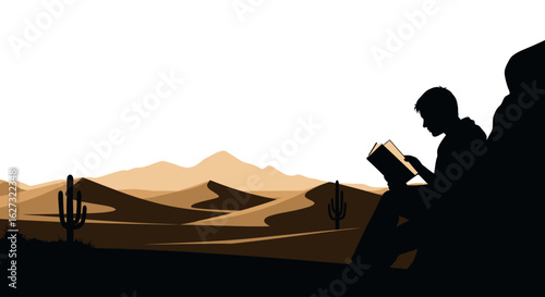 serene silhouette of a person reading a book, isolated on a transparent background, against a stunning desert landscape panorama