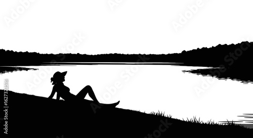 serene lakeside relaxation: silhouette of a woman in a hat resting by a tranquil lake, isolated on a transparent background