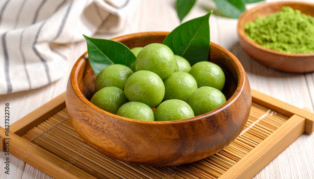 Matcha Tangyuan On Wooden Bowl Matcha Tangyuan On Wooden Bowl