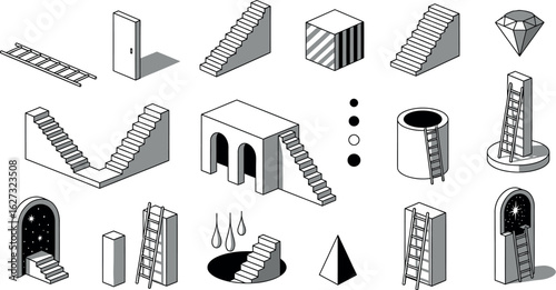 Collection of isometric architectural elements featuring stairs doors and columns on a white background