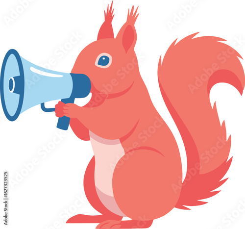 Cute cartoon squirrel holding a blue and white megaphone announcing something important