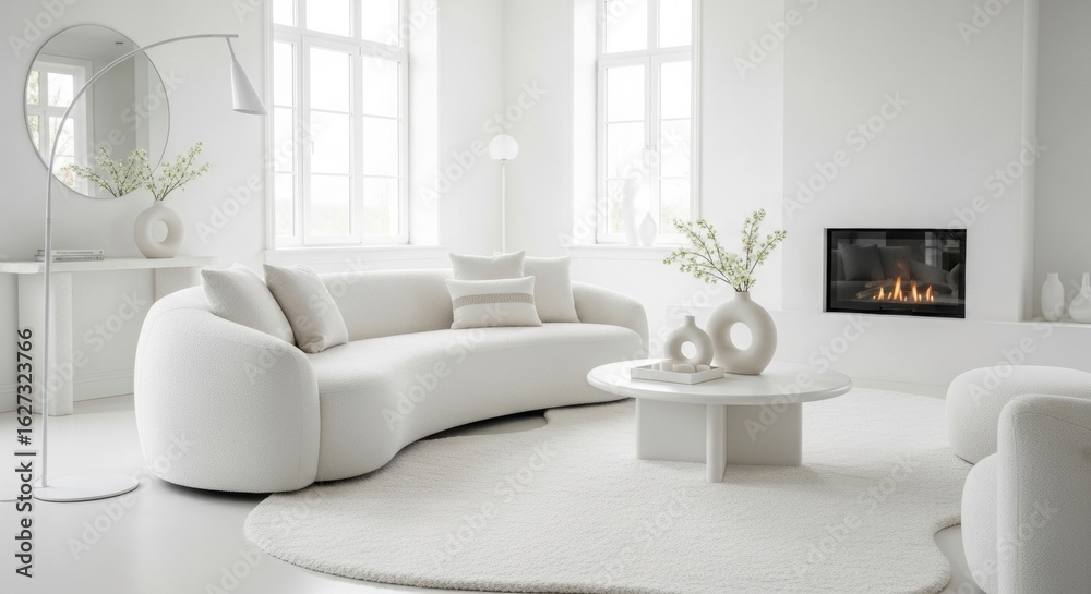 Fototapeta premium Minimalist white living room with curved sofa, fireplace, and modern sculptural decor.