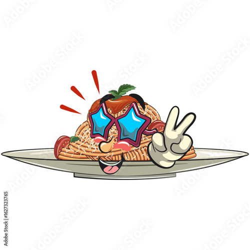 cute spaghetti mascot cartoon wearing stars shaped beach sunglasses giving two fingers peace sign, funny pasta character vector on plate with tomato sauce and cheese, work of hand drawn