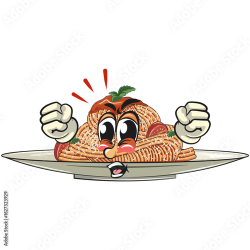 angry spaghetti mascot cartoon, funny pasta character vector on plate with tomato sauce and cheese, work of hand drawn