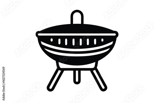 Simple Black and White Icon of a Grill, Stand, and Lid Design