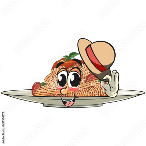 cute spaghetti mascot cartoon saluting and raised hat, funny pasta character vector on plate with tomato sauce and cheese, work of hand drawn