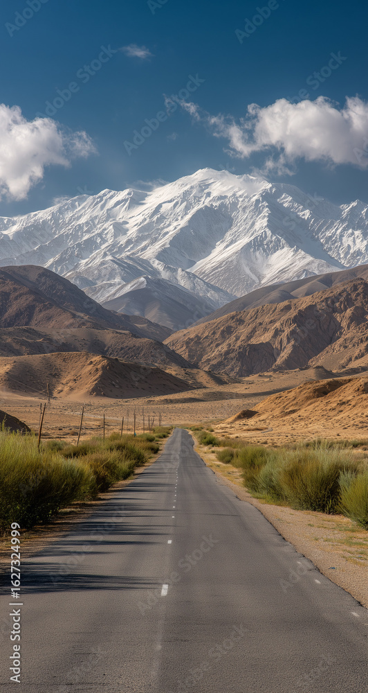 Naklejka premium Asphalt Road Winding Towards Snow Capped Mountains Under Clear Blue Sky