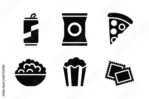 Beverage can snack bag pizza slice popcorn bowl popcorn box postage stamps vector