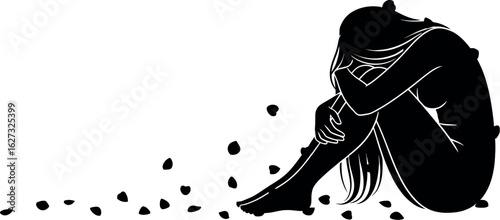 Silhouette of a woman curled up in despair with scattered dark petals symbolizing loss