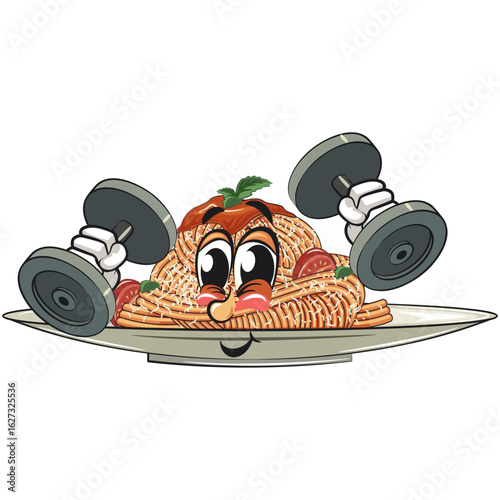 cute spaghetti mascot cartoon doing workout with barbell lifting, funny pasta character vector on plate with tomato sauce and cheese, work of hand drawn