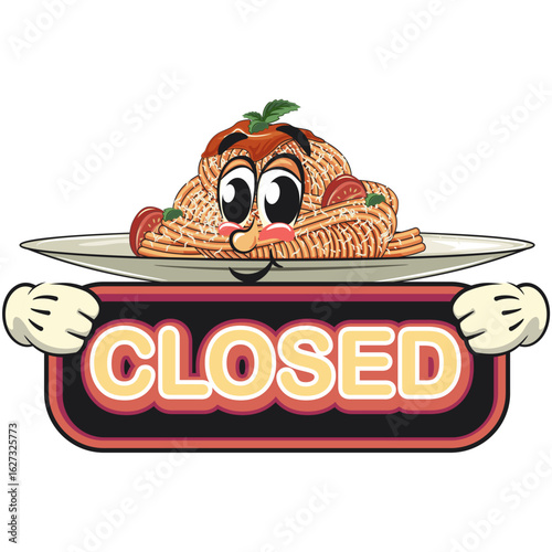 cute spaghetti mascot cartoon showing a sign that says closed, funny pasta character vector on plate with tomato sauce and cheese, work of hand drawn