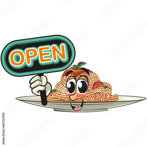 cute spaghetti mascot cartoon showing a sign that says open, funny pasta character vector on plate with tomato sauce and cheese, work of hand drawn