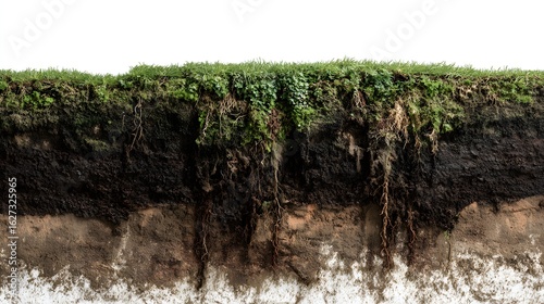 Ecosystem health showing rich soil layers with deep roots and vibrant green grass above ground