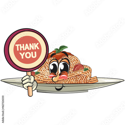 cute spaghetti mascot cartoon say thank you, funny pasta character vector on plate with tomato sauce and cheese, work of hand drawn