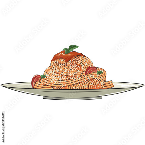 spaghetti cartoon, fun pasta vector on plate with tomato sauce and cheese, work of hand drawn