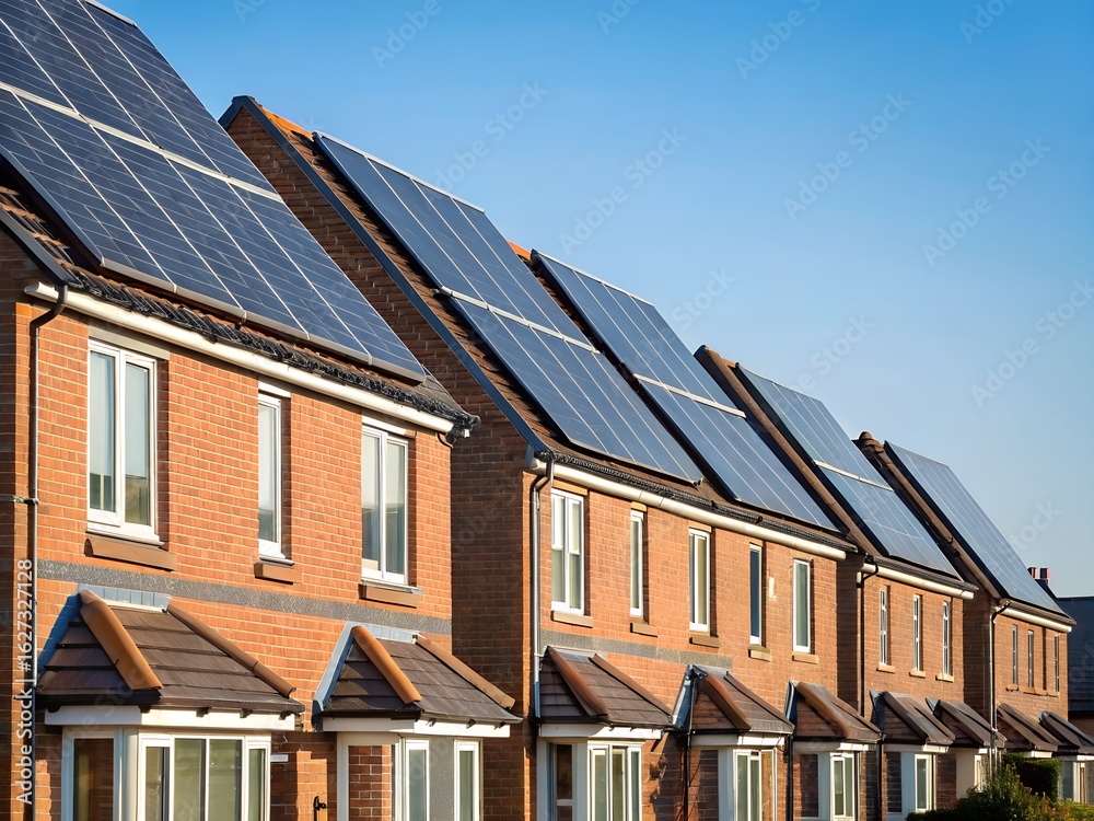 Fototapeta premium Row of Brick Houses with Solar Panels on Rooftops under Bright Sunlight